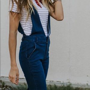 Roolee deep V denim flared leg jumpsuit